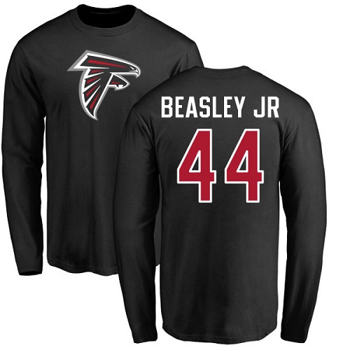 Atlanta Falcons Men Black Vic Beasley Name And Number Logo NFL Football #44 Long Sleeve T Shirt